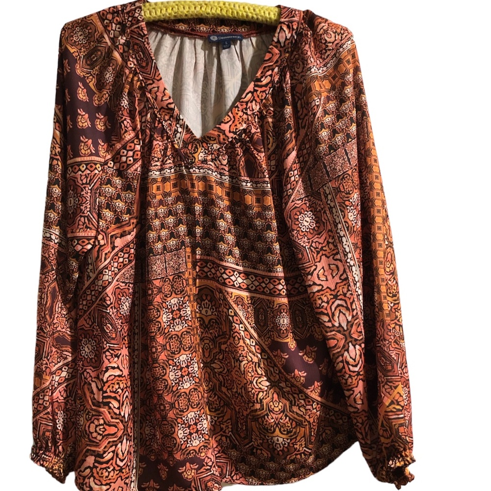Hippie Boho Womens Blouse V Neck Multicolor Orange, Brown, Tan Abstract L
